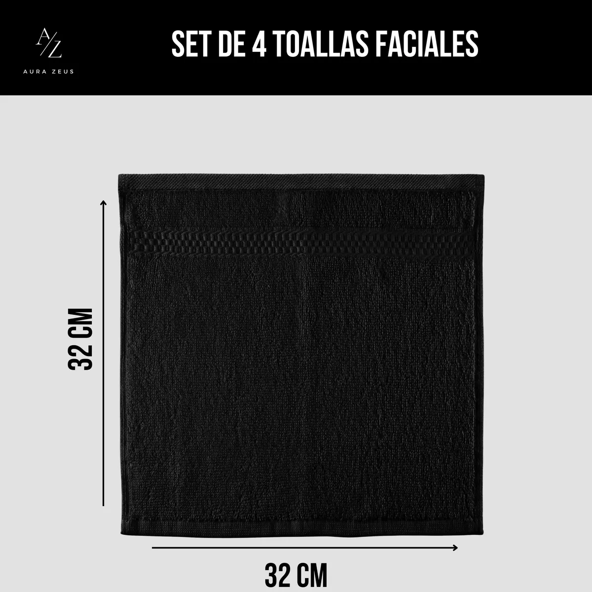 AZ AURAZEUS - Juego De 4 Toallas Faciales 32x32cm Algodon 500g Set Baño Az Negro
