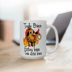 SM - Tazón Todo Bien Estoy Bien Taza Meme Perro en Llamas Regalo Divertido y Sarcástico