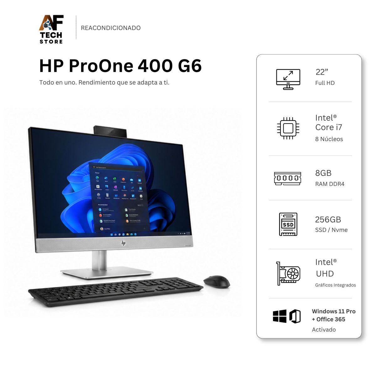 HP - AIO HP 400 G6 I7 10th 8GB 256GB - Win11+Office - Reacondicionado Profesional