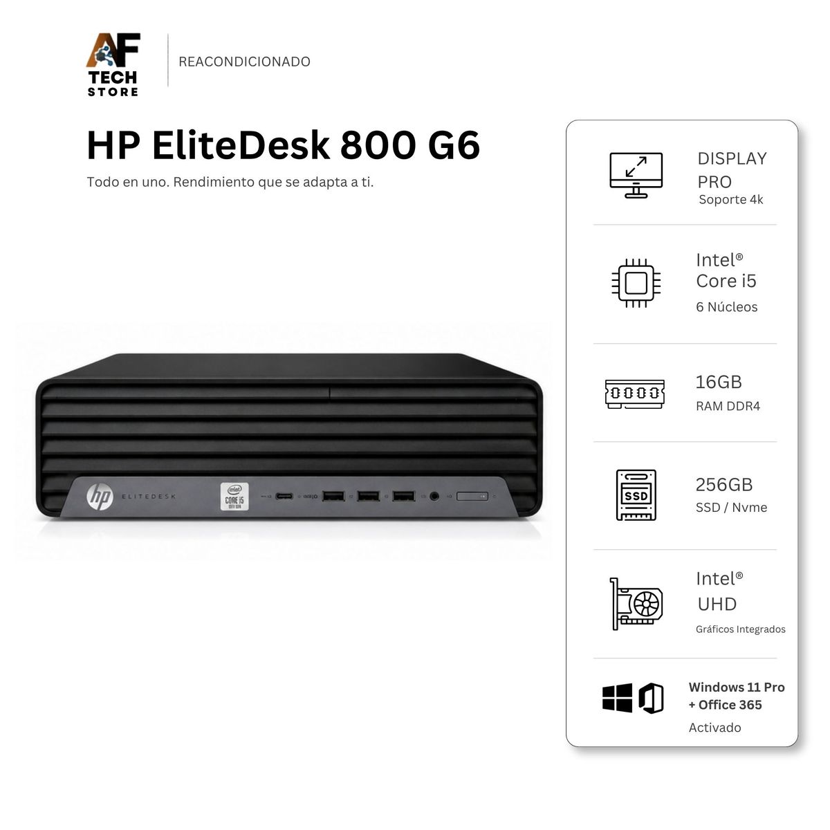 HP - Computador HP 800 G6 I5 10th 16GB 256GB - Win11+Office - Reacondicionado Profesional