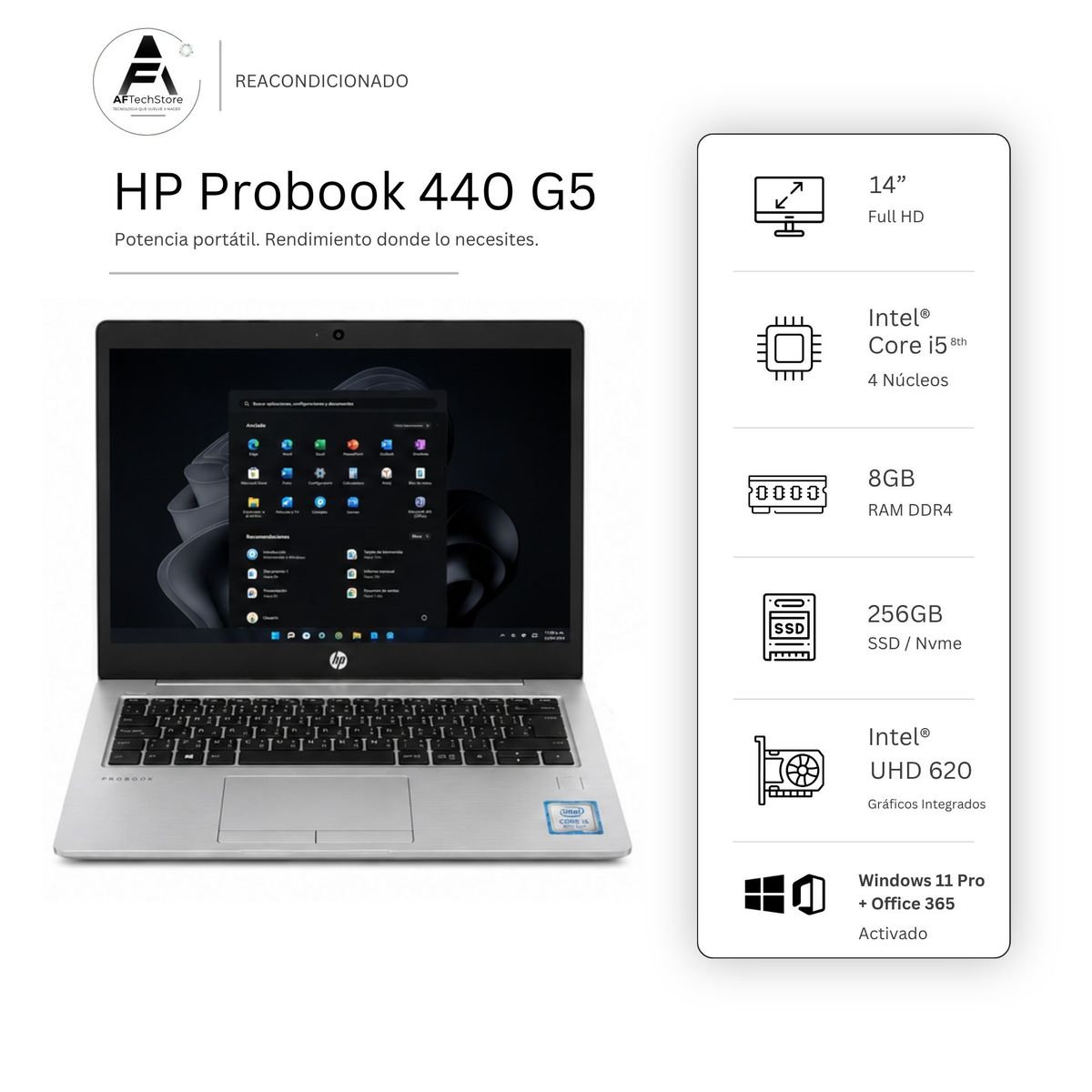 HP - Notebook HP 440 G5 I5 8th 8GB 256GB - Win11+Office - Reacondicionado Profesional