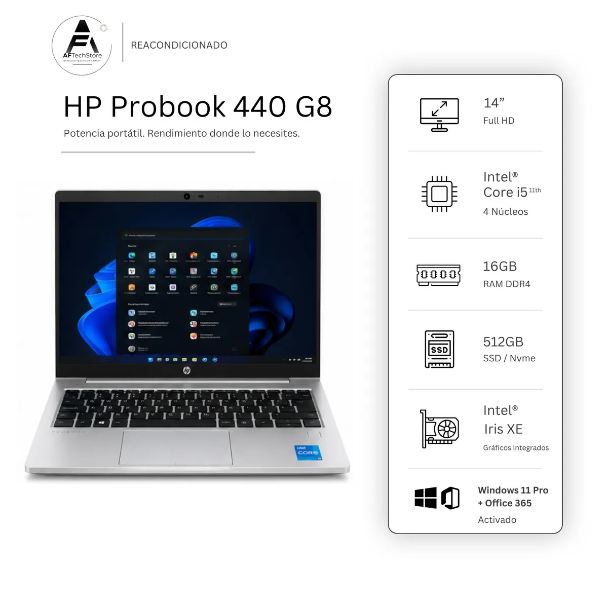 HP - Notebook HP 440 G8 I5 11th 16GB 512GB - Win11 Office - Reacondicionado Profesional