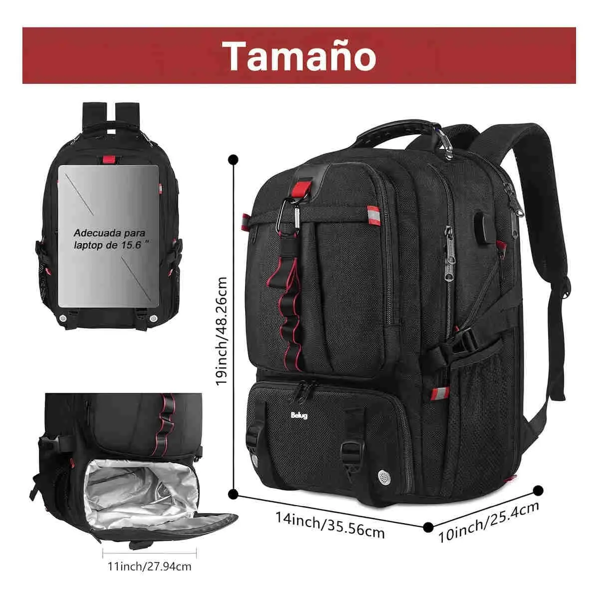GENERICO - Mochila 50L de Viaje Negra Comp Zapatos y Laptop 17 USB BELUG