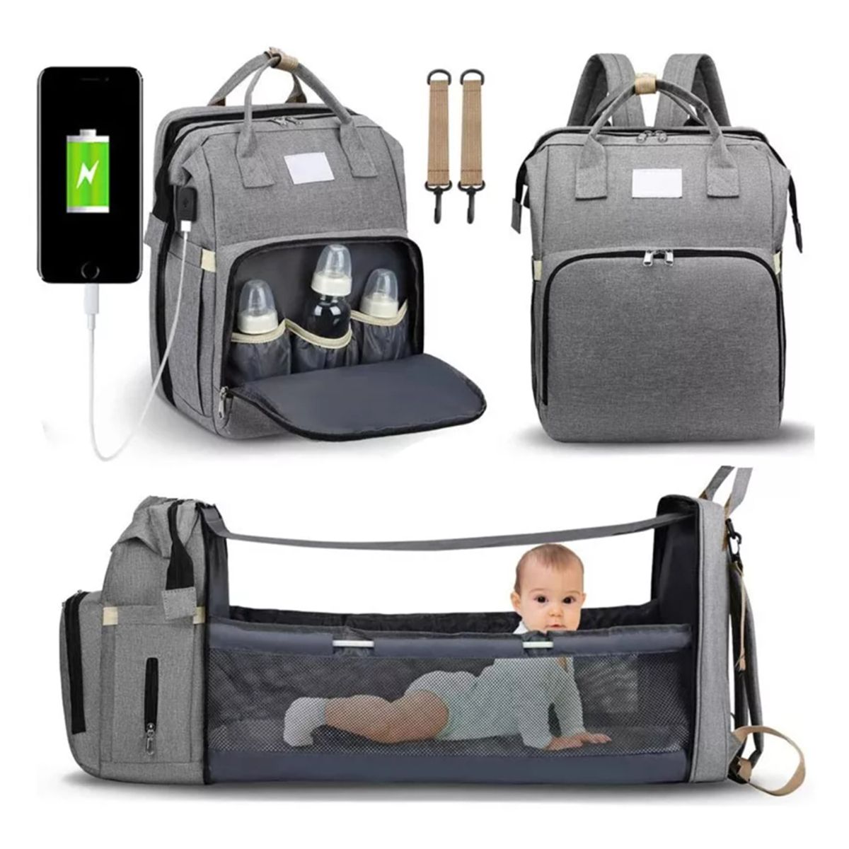 KINDA NICE - Mochila 3 En 1 Pañalera Cuna Y Mudador Portátil Para Bebés Color Gris