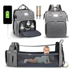 KINDA NICE - Mochila 3 En 1 Pañalera Cuna Y Mudador Portátil Para Bebés Color Gris