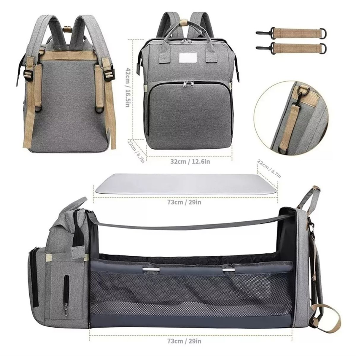 KINDA NICE - Mochila 3 En 1 Pañalera Cuna Y Mudador Portátil Para Bebés Color Gris