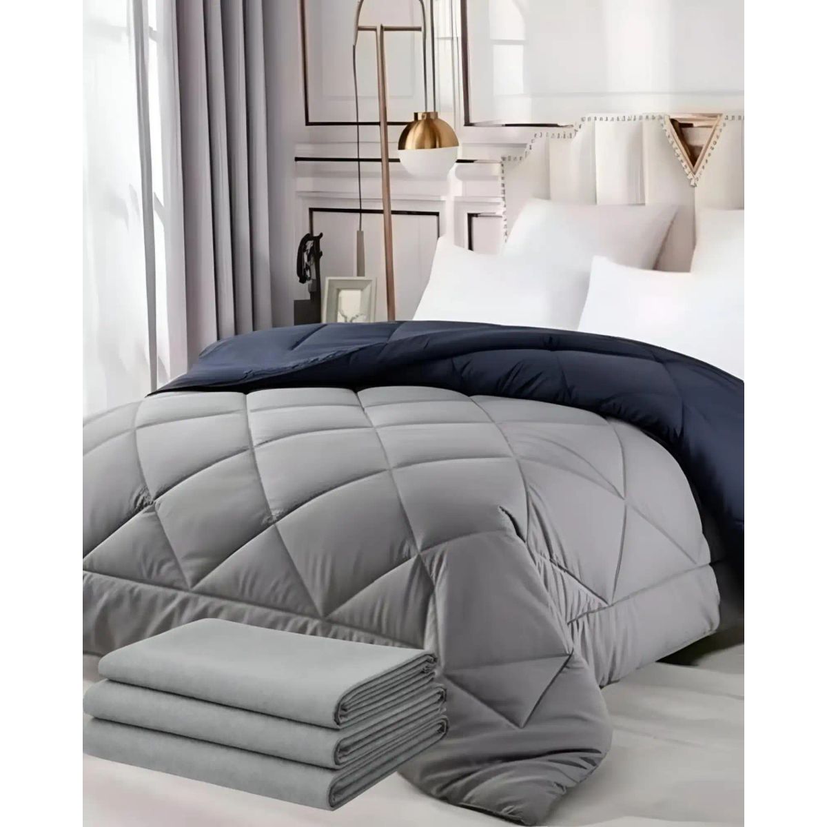 GENERICO - SET SÁBANAS MAS PLUMÓN NORDICO PLAZA Y MEDIA  150X200 GRIS/AZUL