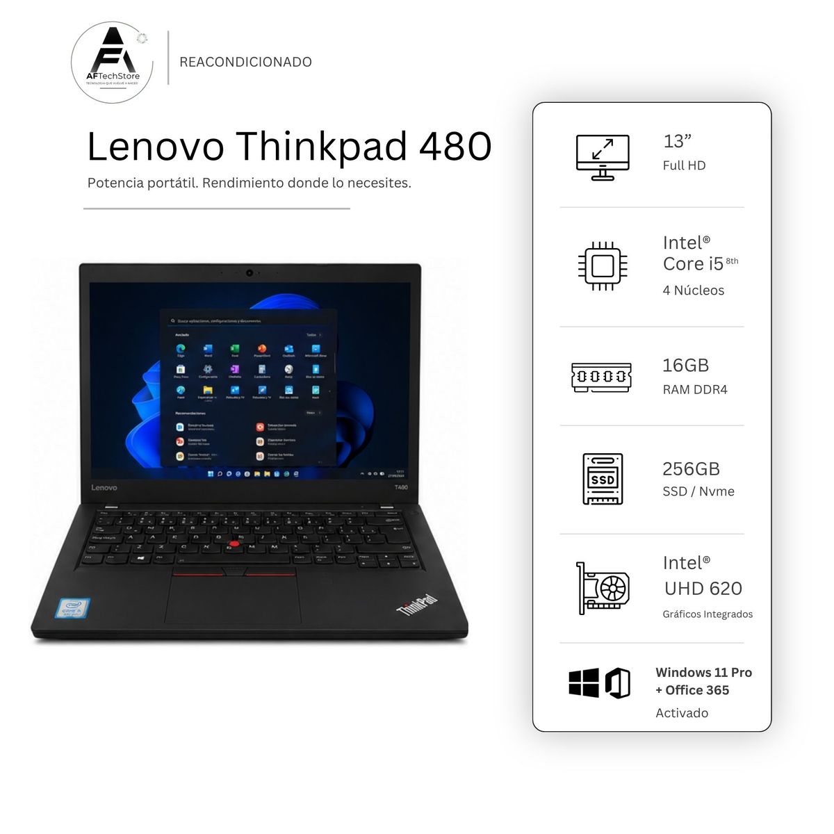 LENOVO - Notebook LENOVO T480 I5 8th 16GB 256GB - Win11 Office - Reacondicionado Profesional