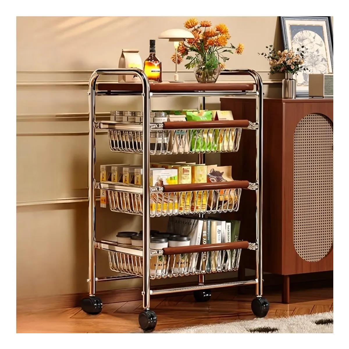 EVERSO - Carrito Organizador 4 Niveles Estante Con Ruedas Y Cesta