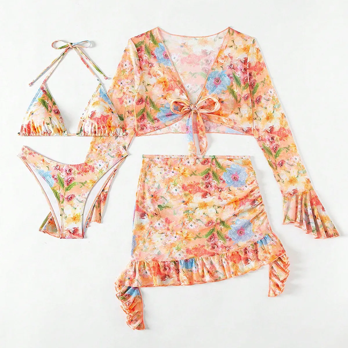 TIOZONEY - Vestido de playa y bikini de cuatro piezas