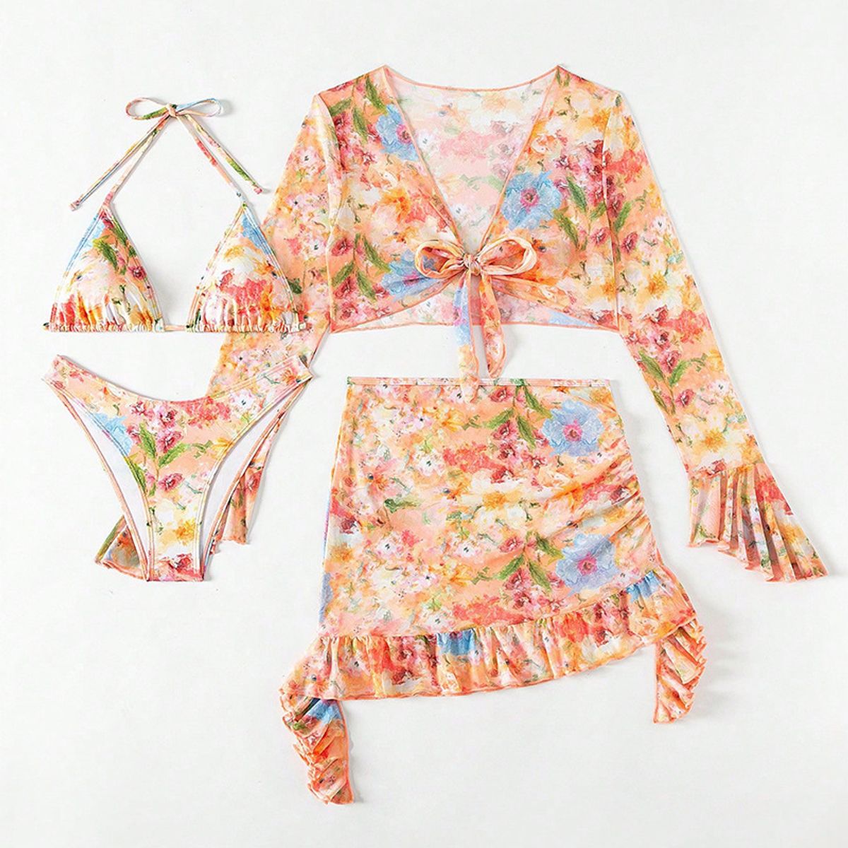 TIOZONEY - Vestido de playa y bikini de cuatro piezas