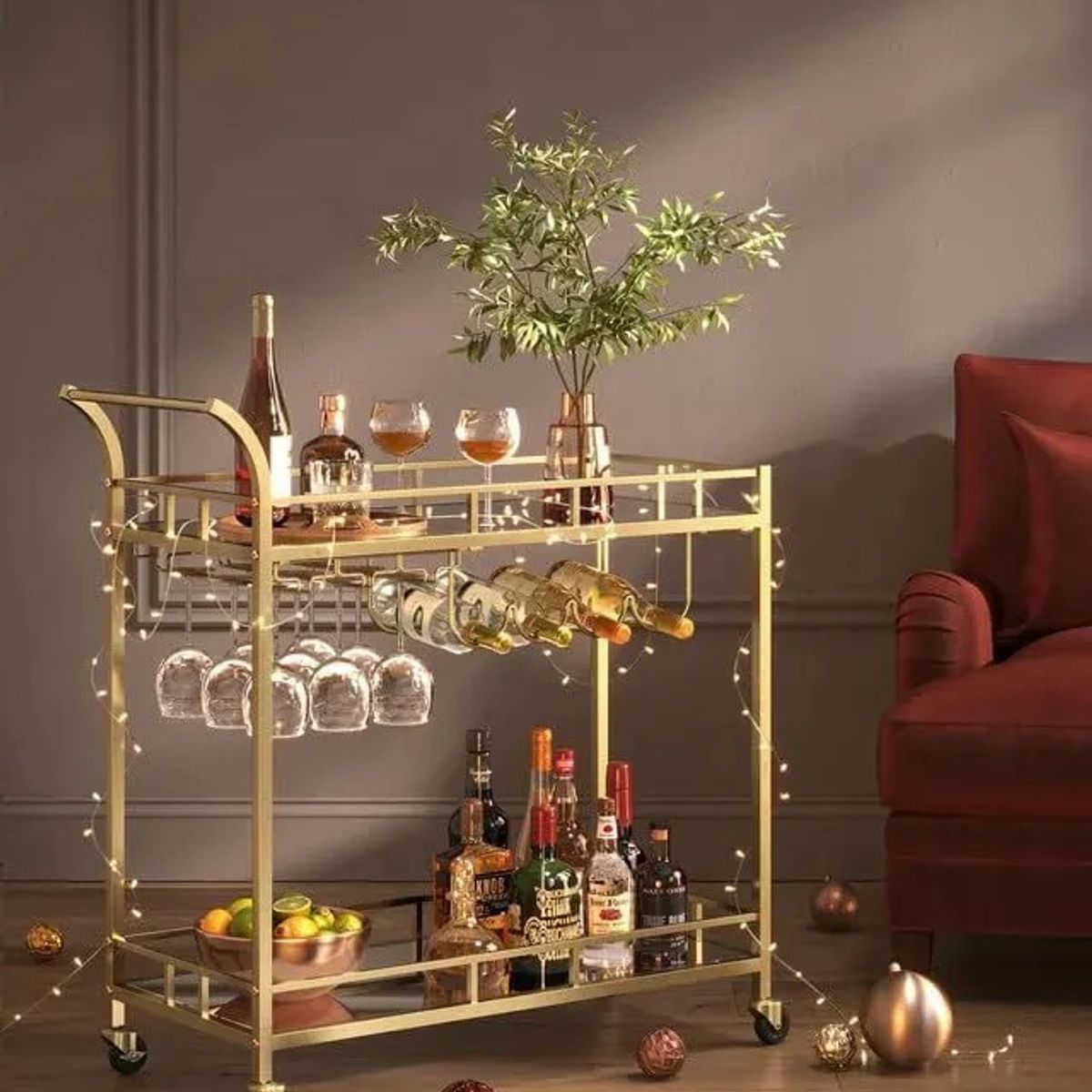 ANYHOGAR - Carro Bar Cocina Organizador Con Asa Ruedas 2 Niveles Acero