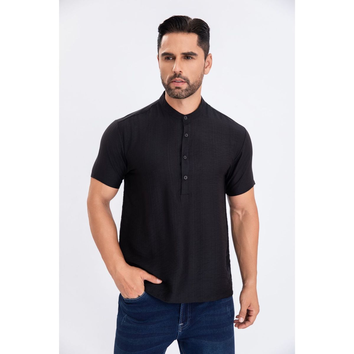 LIKE SHOP - Camisa Polera Verano Manga Corta Hombre Cuello Mao Fashion 152