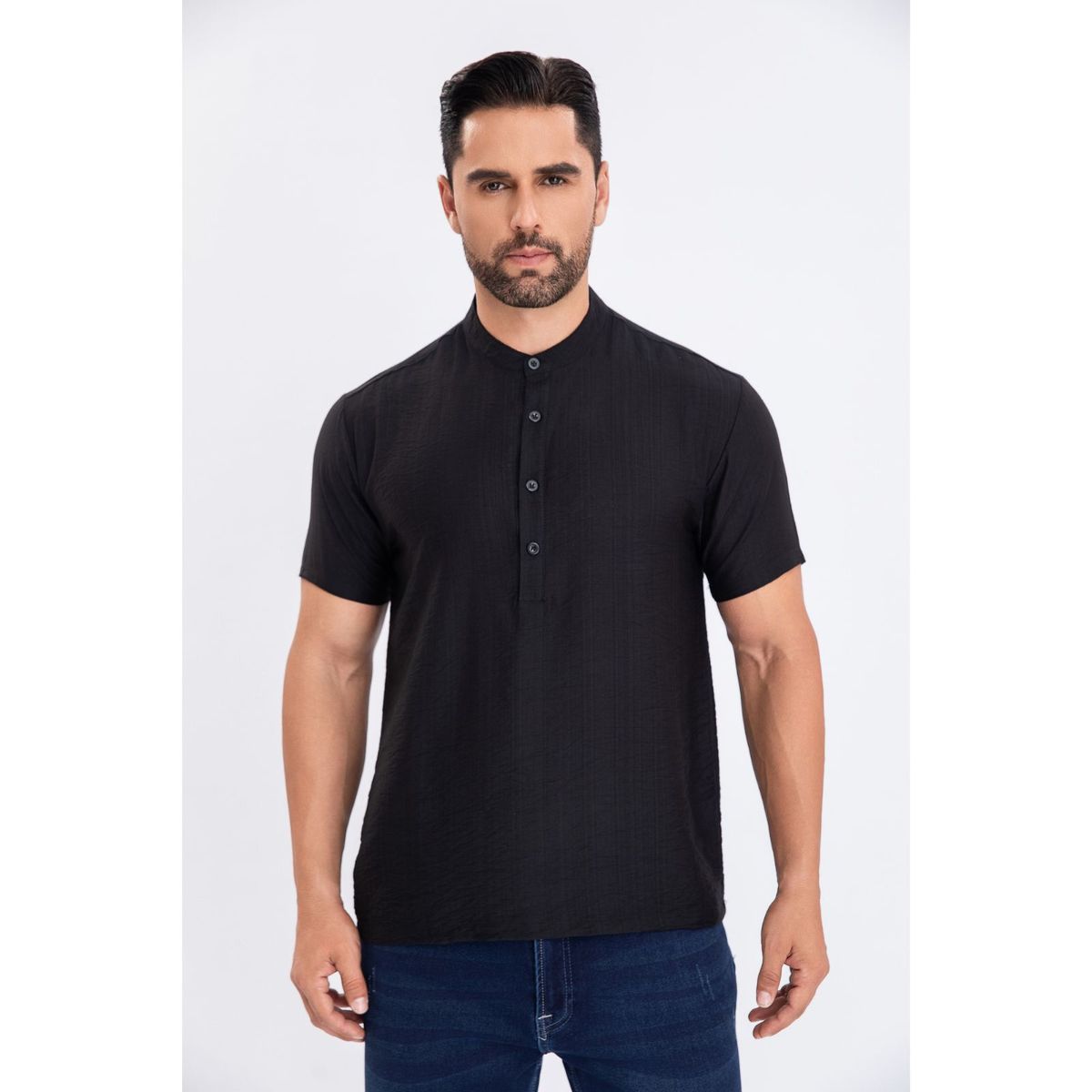 LIKE SHOP - Camisa Polera Verano Manga Corta Hombre Cuello Mao Fashion 152