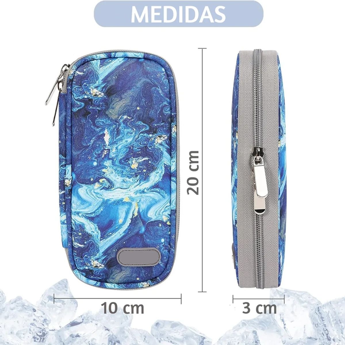 ONEDER - Bolso Estuche Portatil De Viaje Insulina Cooler Refrigerante Tela Marmol Azul
