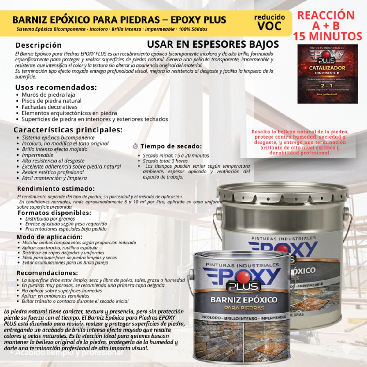 EPOXY - BARNIZ PIEDRAS EPÓXICO INCOLORO BRILLO ESPEJO - PREMIUM FULL SECADO - 14kg