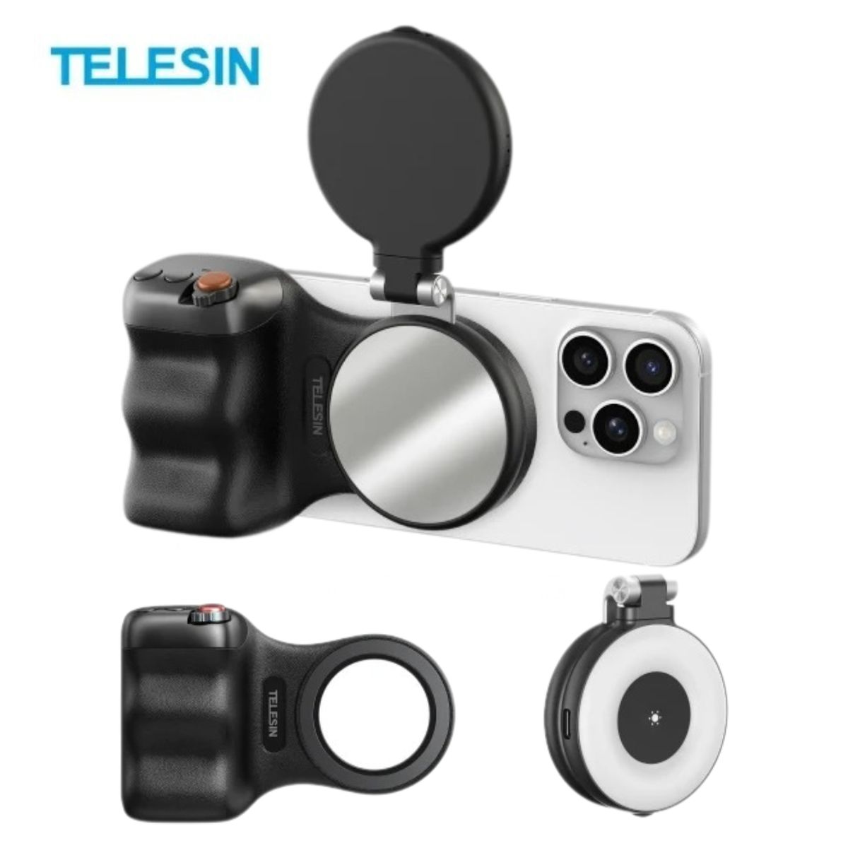 TELESIN - Kit Grip MagSafe + Luz LED Espejo para Smartphone Negro