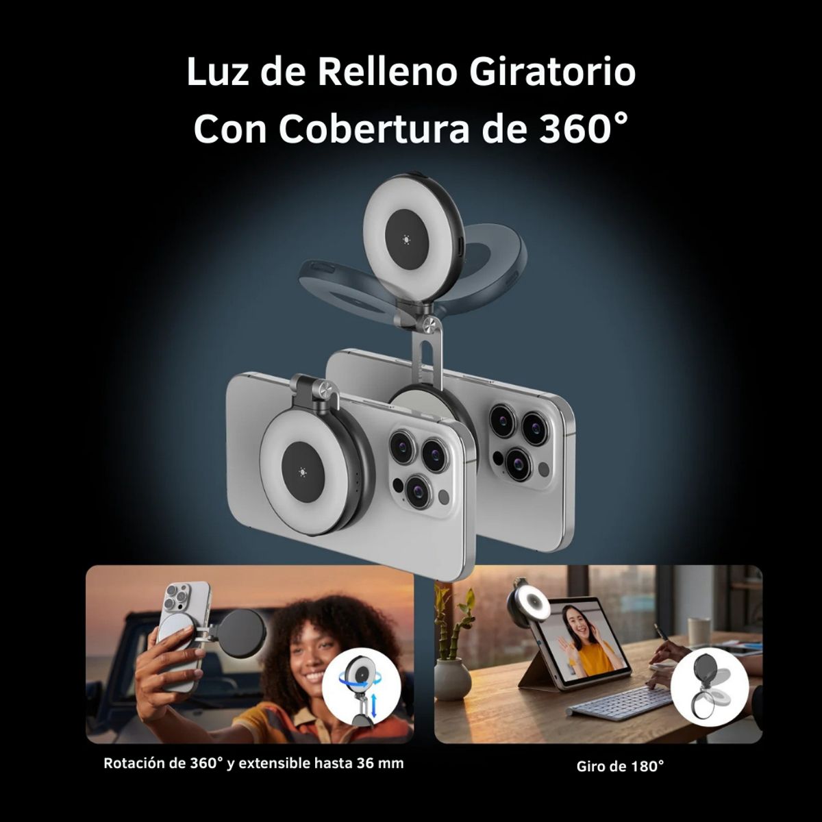 TELESIN - Kit Grip MagSafe + Luz LED Espejo para Smartphone Negro