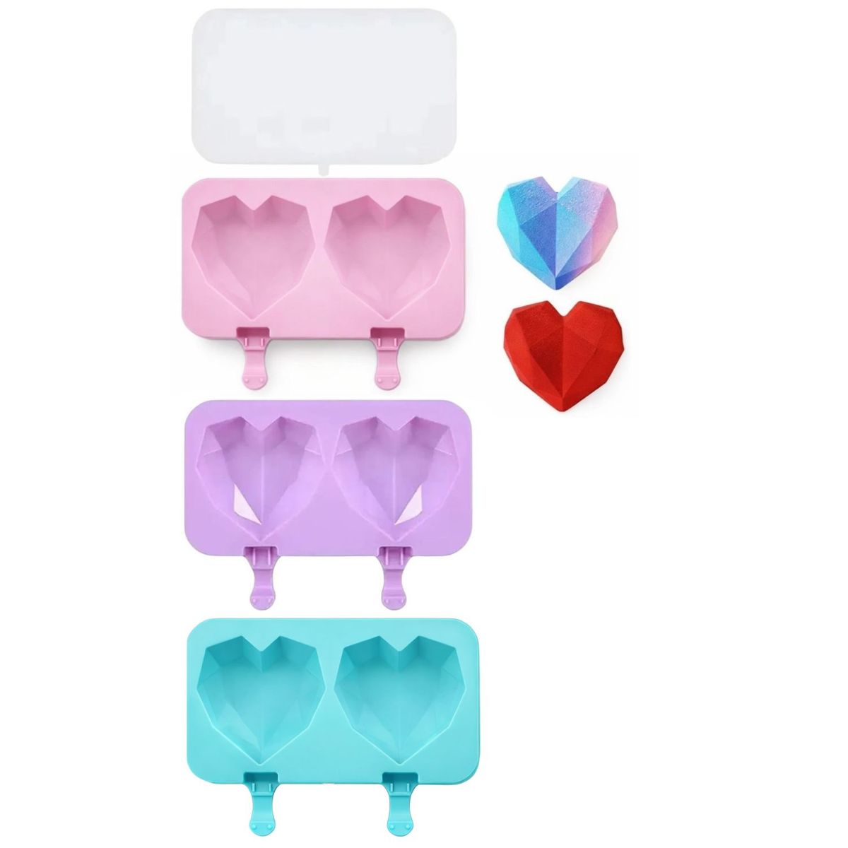 GENERICO - Set 3 Moldes Silicona Corazon Geometrico Con Tapa Surtidos