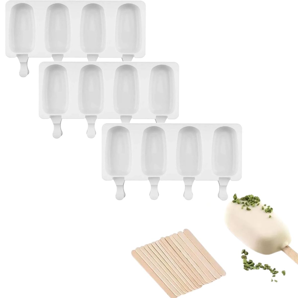 GENERICO - Set 3 Moldes Silicona Helado Paletas 4 Cavidades Reposteria