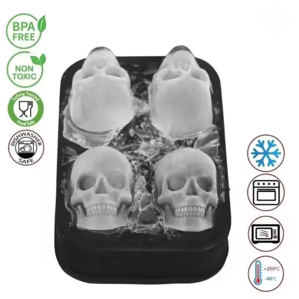 GENERICO - Molde Silicona Calaveras 4 Cavidades Negro Reposteria