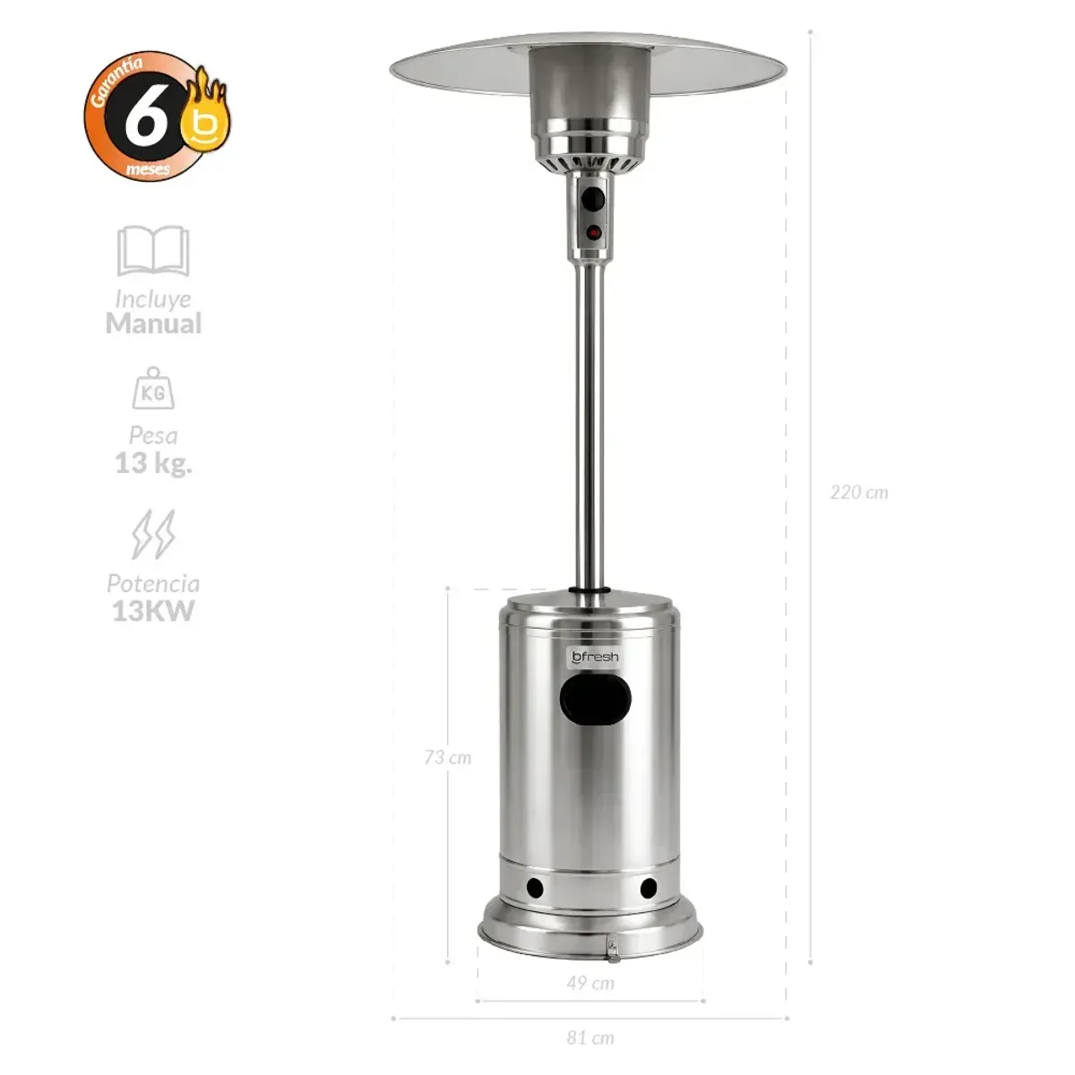 B FRESH - Estufa De Patio Exterior A Gas 50,000 BTU Plateado Antivuelco Bfresh