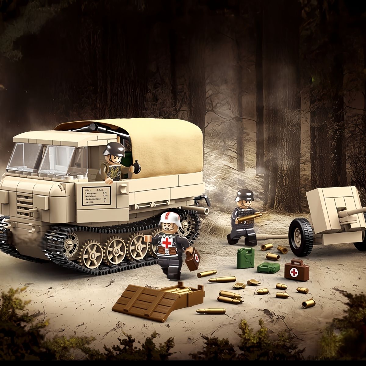 AZULAMAR - Bloques De Vehículo Blindado Militar Juguete Ww2 Tractor de Ambulancia Militar con Cañón Antitanque