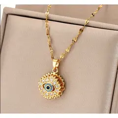 GENERICO - Collar Ojo Turco Dorado Acero Inoxidable con Circones - Cadena Eslabón Mujer