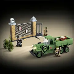 AZULAMAR - Juguete Bloques De Tanques Camión Campo Batalla Ww2 Vehículo blindado puerta de cuartel y 3 soldados