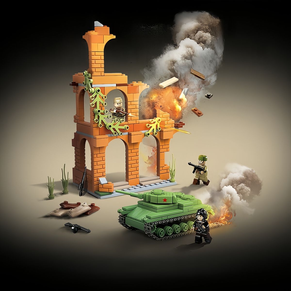 AZULAMAR - Juguete Bloques De Tanques Camión Campo Batalla Ww2 Tanque con refugio de campaña y 3 soldados