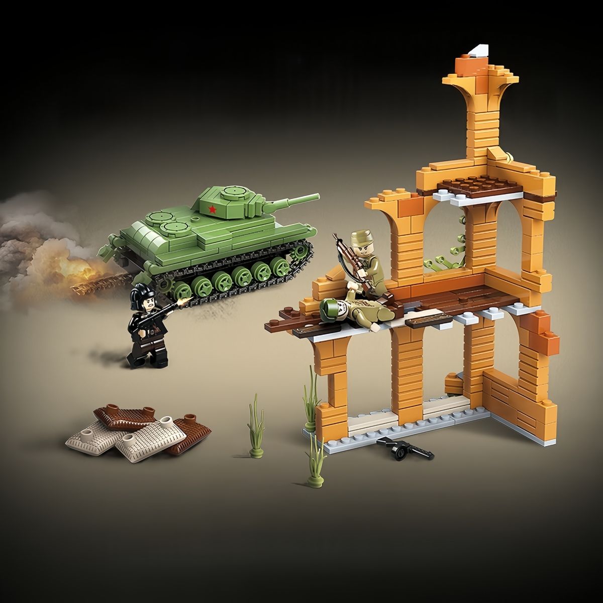 AZULAMAR - Juguete Bloques De Tanques Camión Campo Batalla Ww2 Tanque con refugio de campaña y 3 soldados
