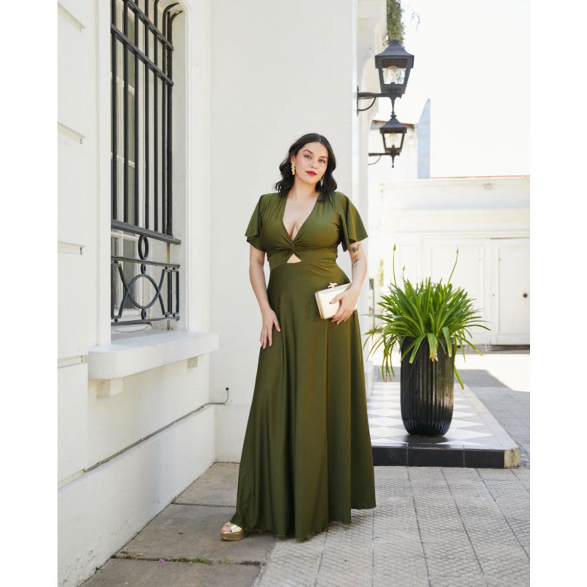 MI PLACARD - Vestido Largo de Fiesta Meli Mangas Verde Olivo