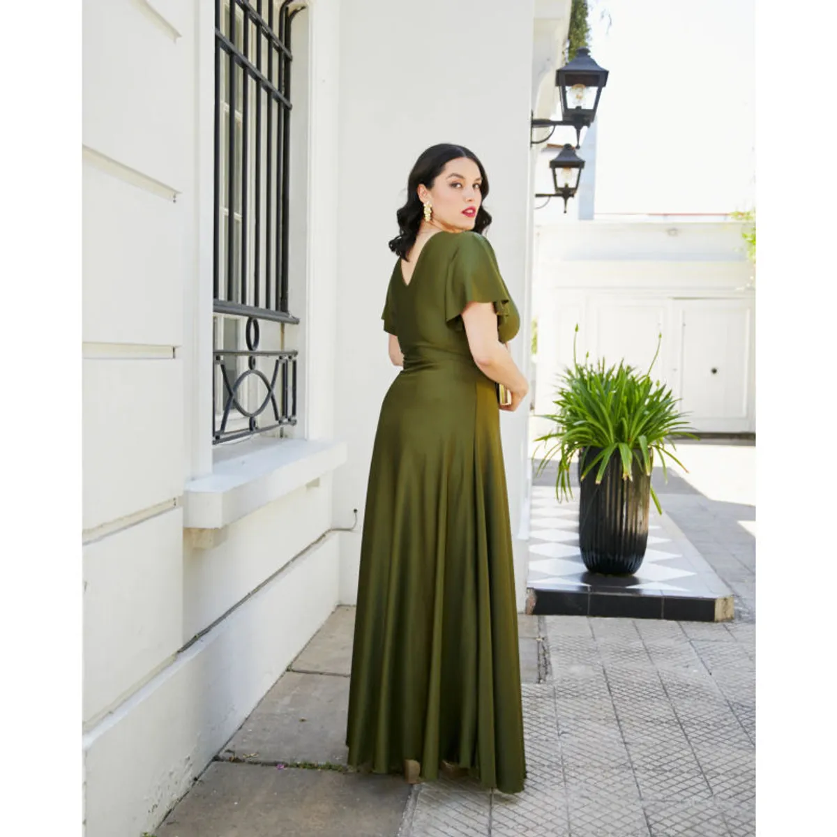 MI PLACARD - Vestido Largo de Fiesta Meli Mangas Verde Olivo