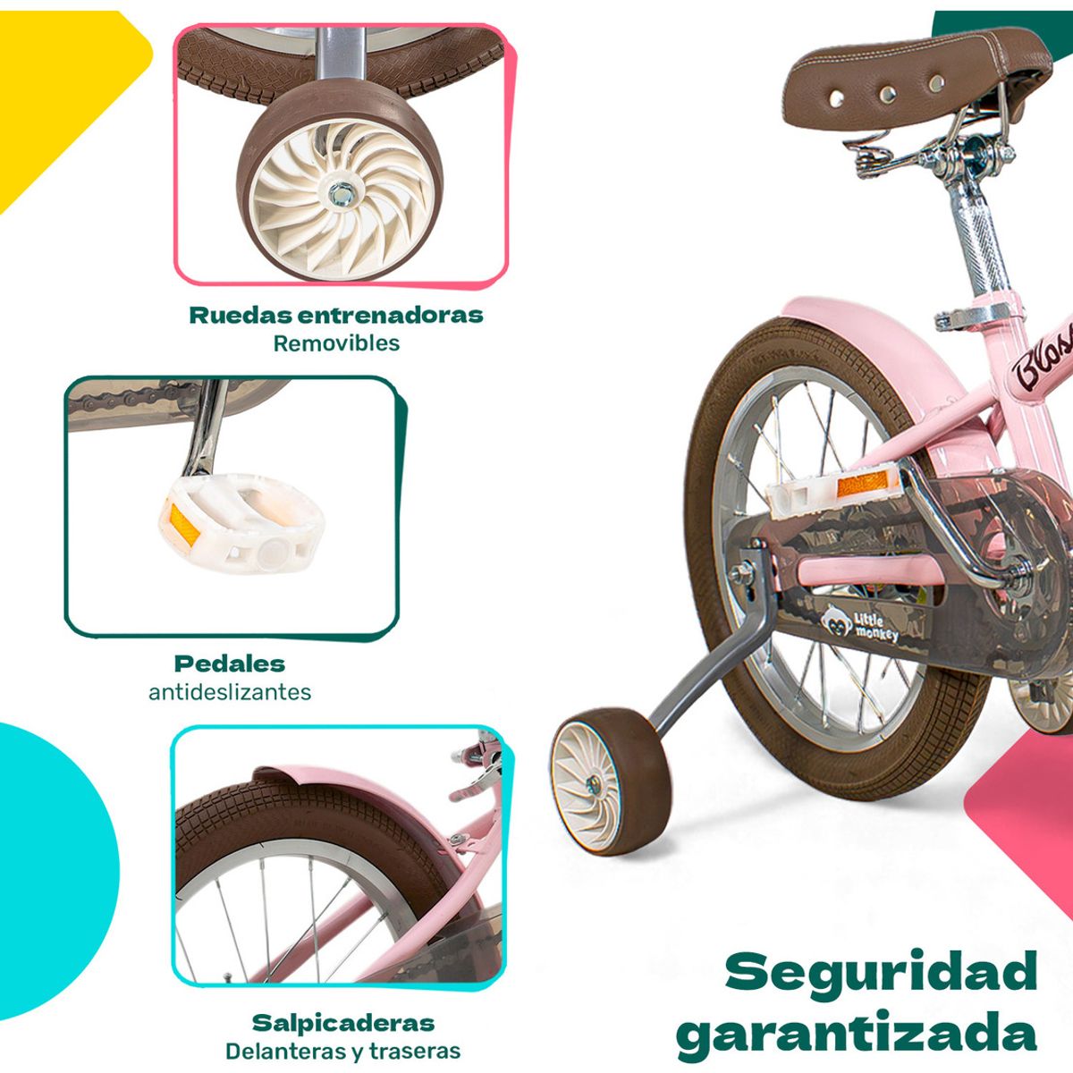 LITTLE MONKEY - Bicicleta Infantil Niña Rodada 16 Rosa Ruedas Entrenamiento Tamaño Del Cuadro S