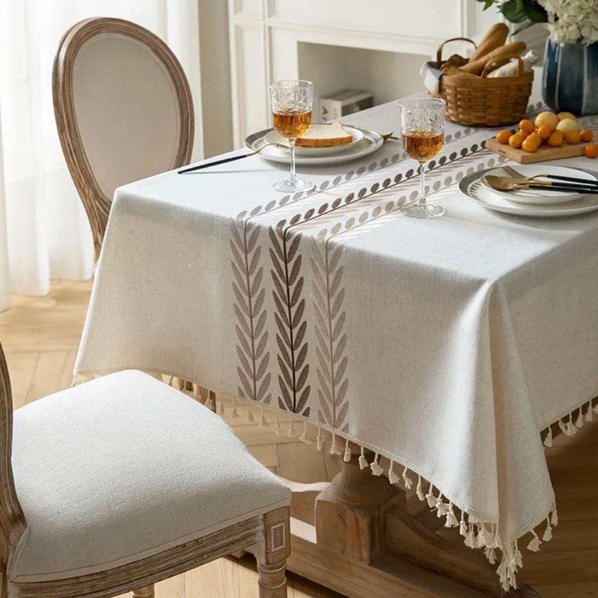 OKAY - Mantel Rectangular De Lino De Algodón Con Bordado 140x220m Beige
