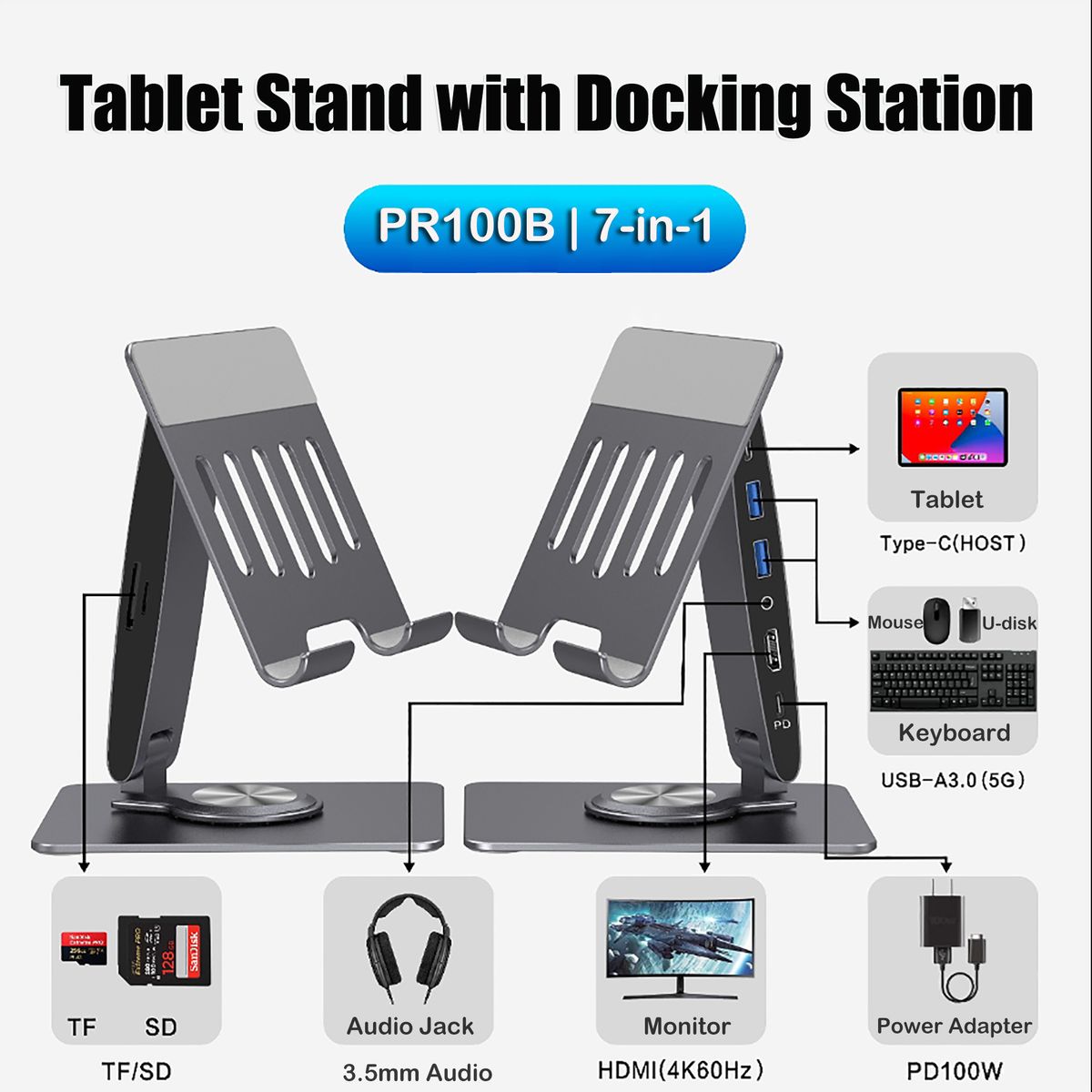 GENERICO - Hub Stand Para Macbook / Ipad / Notebook 7 En 1 Hdmi Plateado