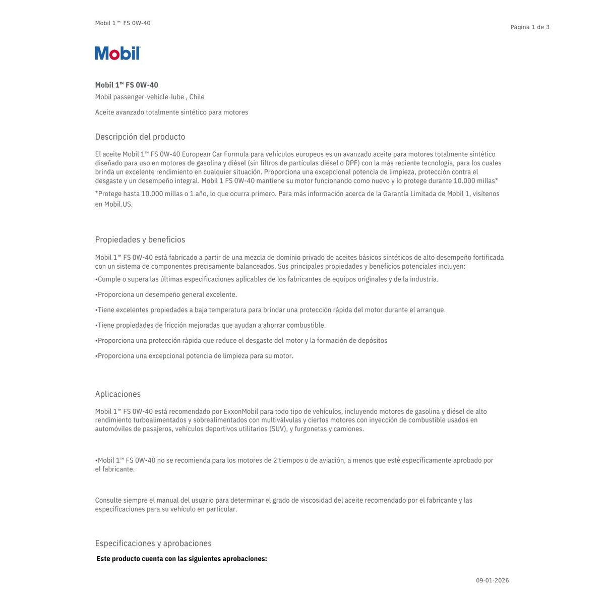 MOBIL - Lubricante Motor 0w40 marca Mobil 1 Fs 946 Ml