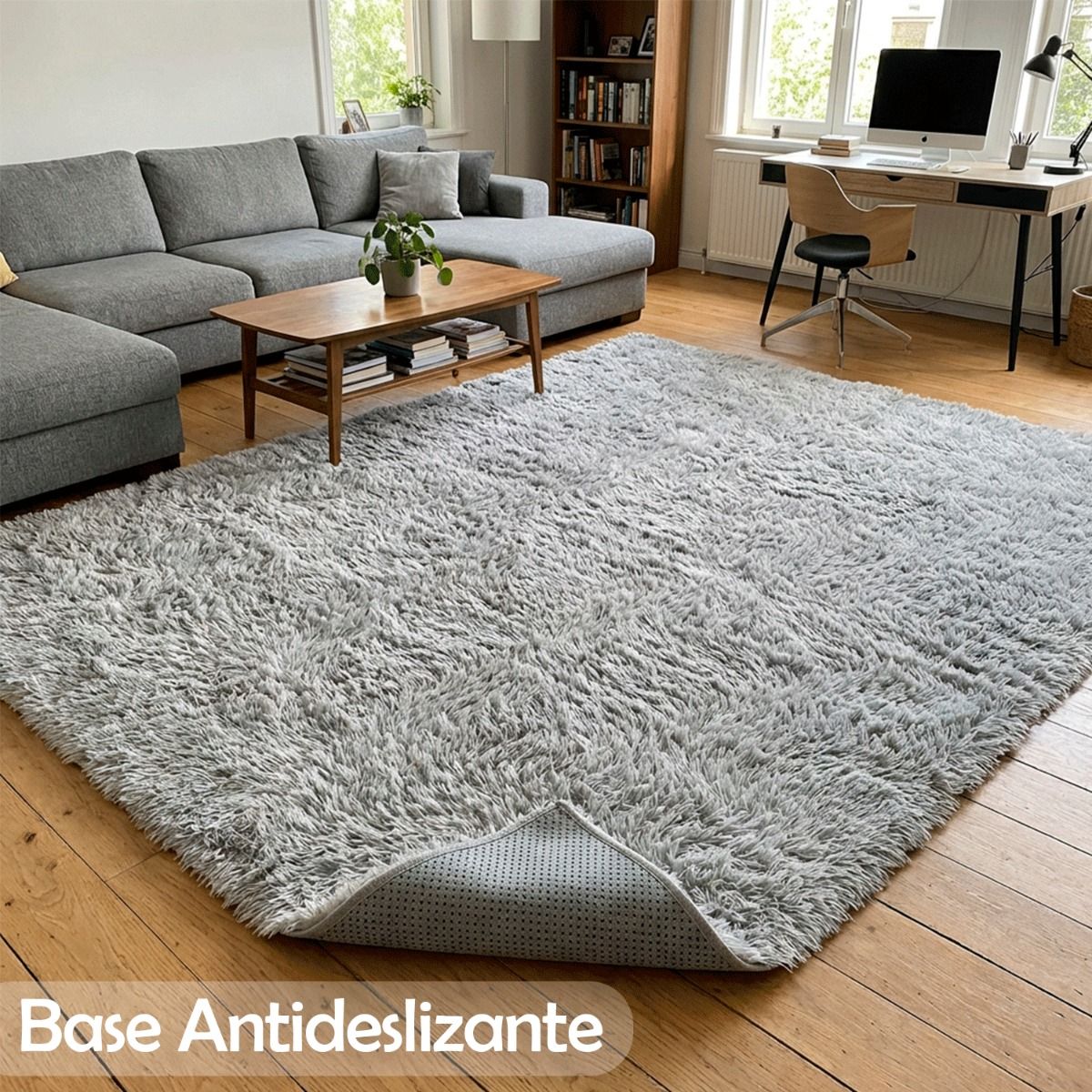 ARMONIA - Alfombra Gris 240x200 Pelo Largo para Sala y Oficina