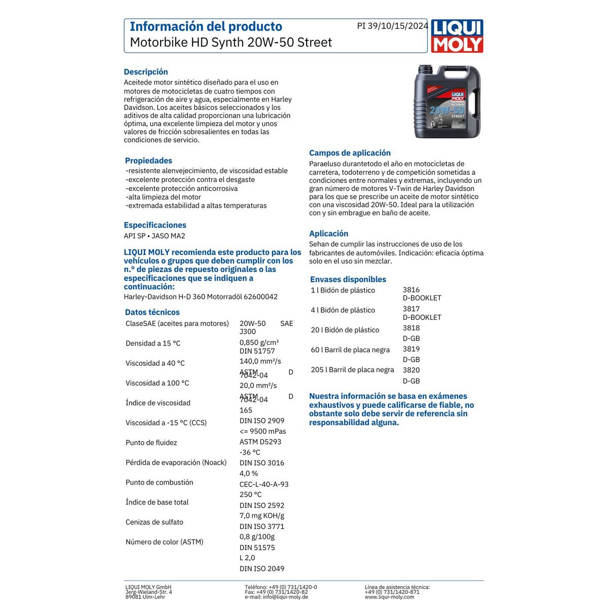 LIQUI MOLY - Aceite Motor para Moto 20w50 Sintetico 4T HD Synth 1 Lt.