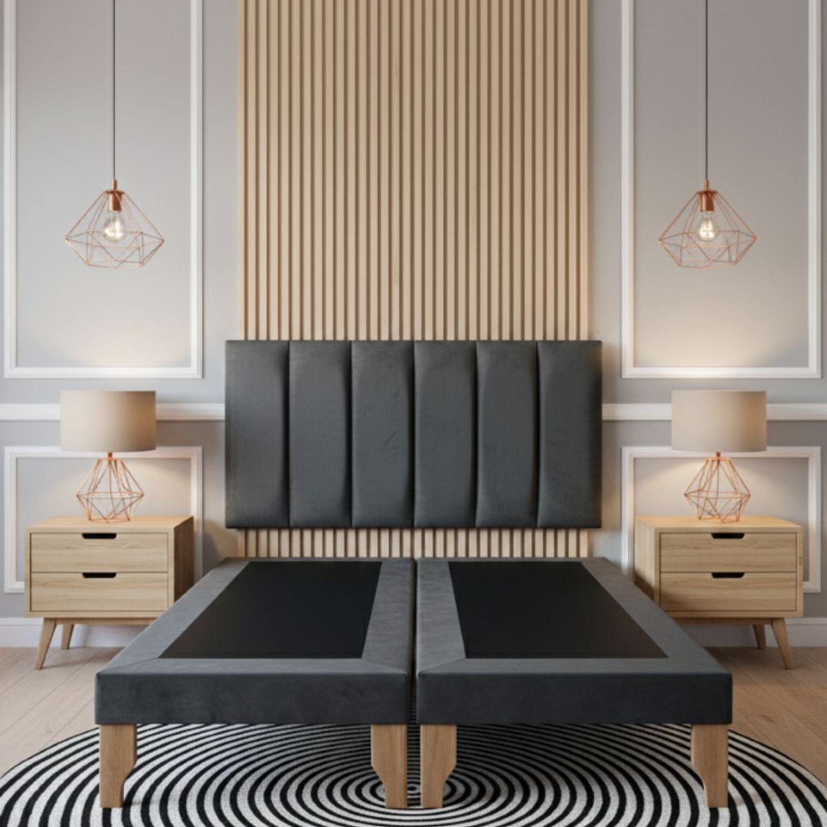 MUEBLES NEW - CAMA SUPER KING LINEAL GRIS OSCURO FELPA