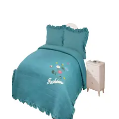 GENERICO - CUBRECAMA QUILT DE VERANO CON FLORES BORDADAS 2 PLAZAS TURQUESA