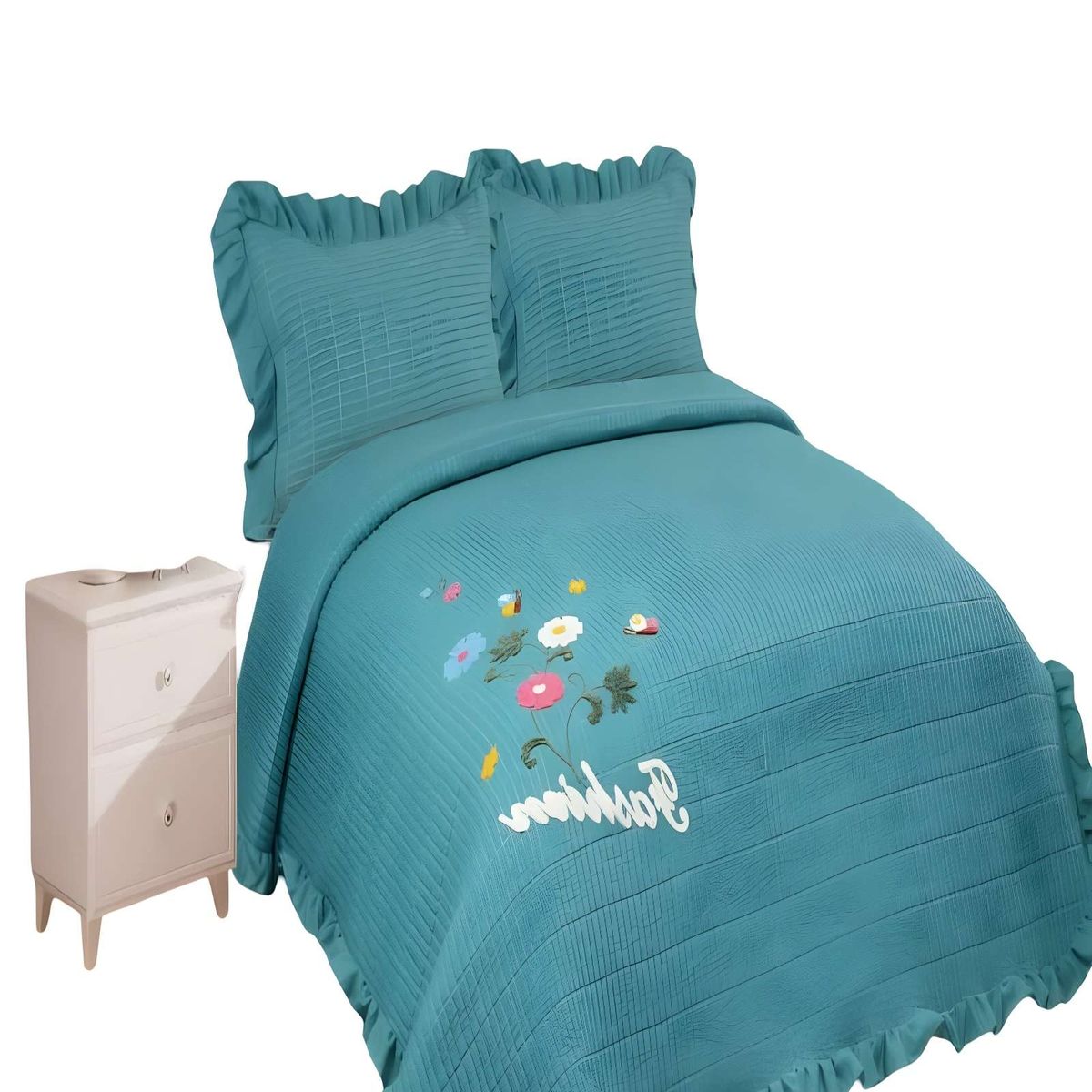 GENERICO - CUBRECAMA QUILT DE VERANO CON FLORES BORDADAS 2 PLAZAS TURQUESA