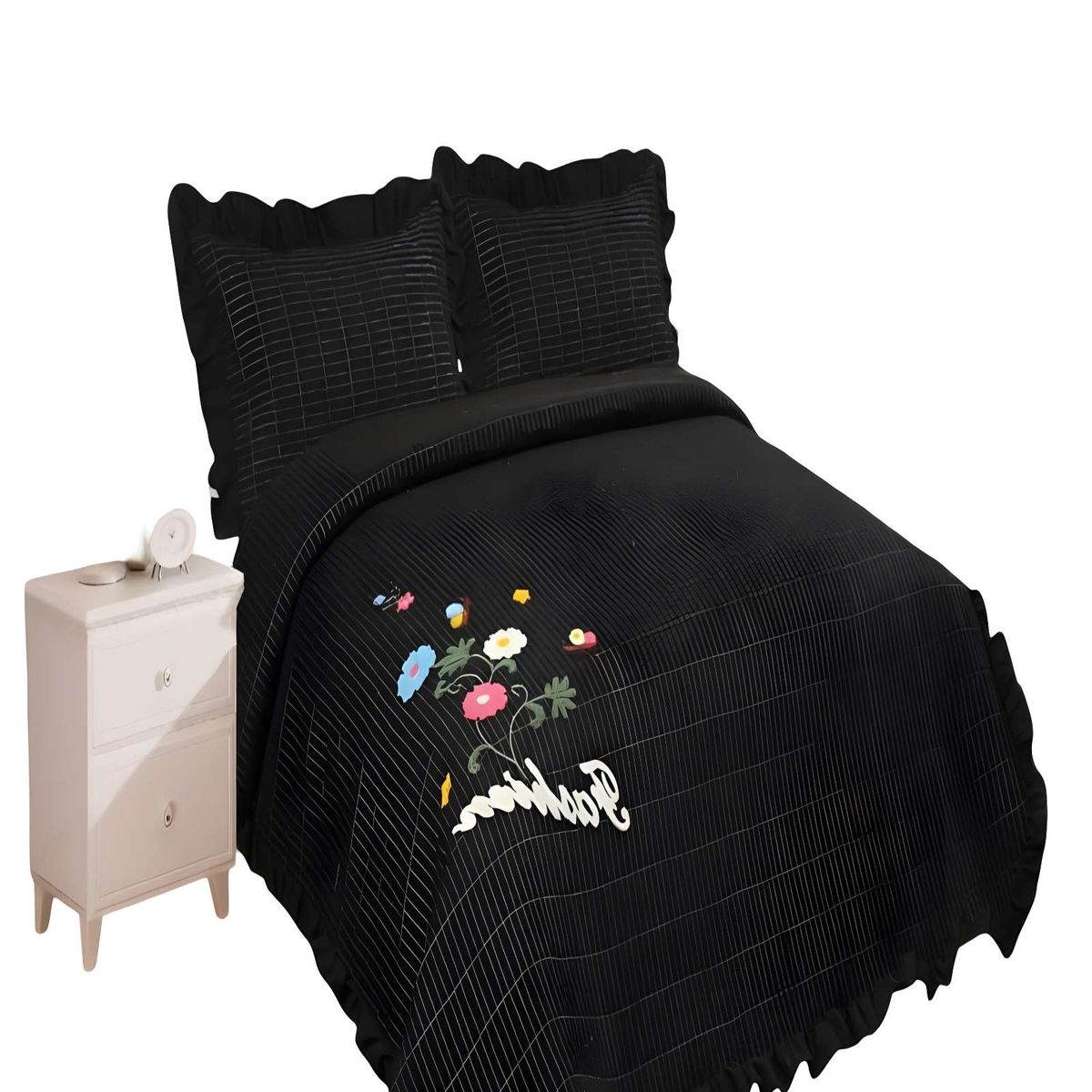 GENERICO - CUBRECAMA QUILT DE VERANO CON FLORES BORDADAS 2 PLAZAS NEGRO_.