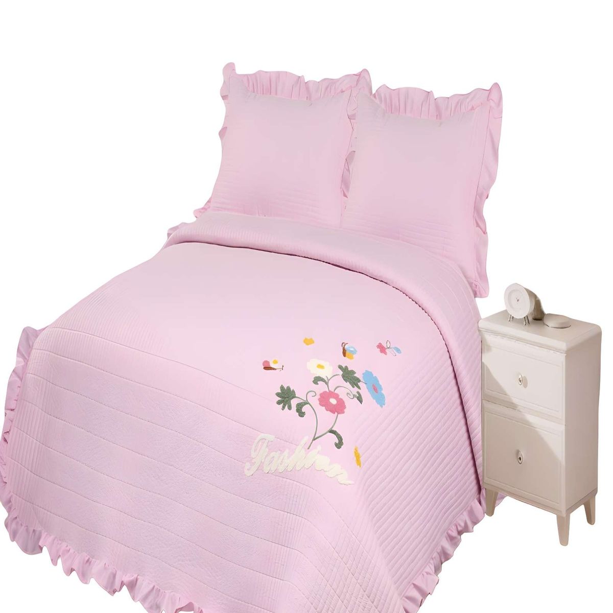 GENERICO - CUBRECAMA QUILT DE VERANO CON FLORES BORDADAS 2 PLAZAS ROSA O