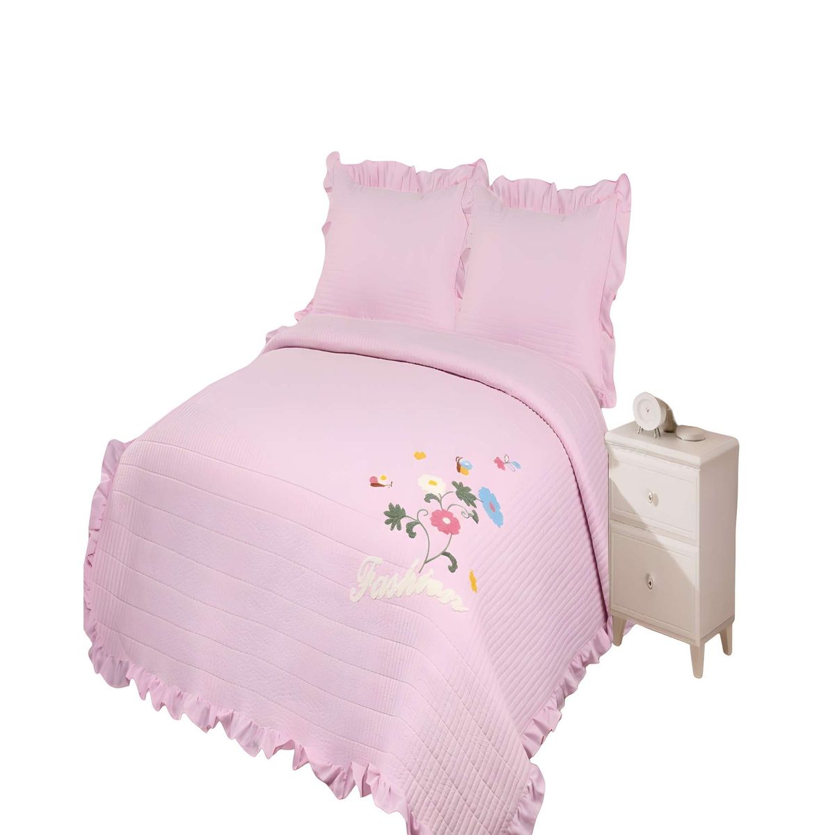 GENERICO - CUBRECAMA QUILT DE VERANO CON FLORES BORDADAS 2 PLAZAS ROSA O