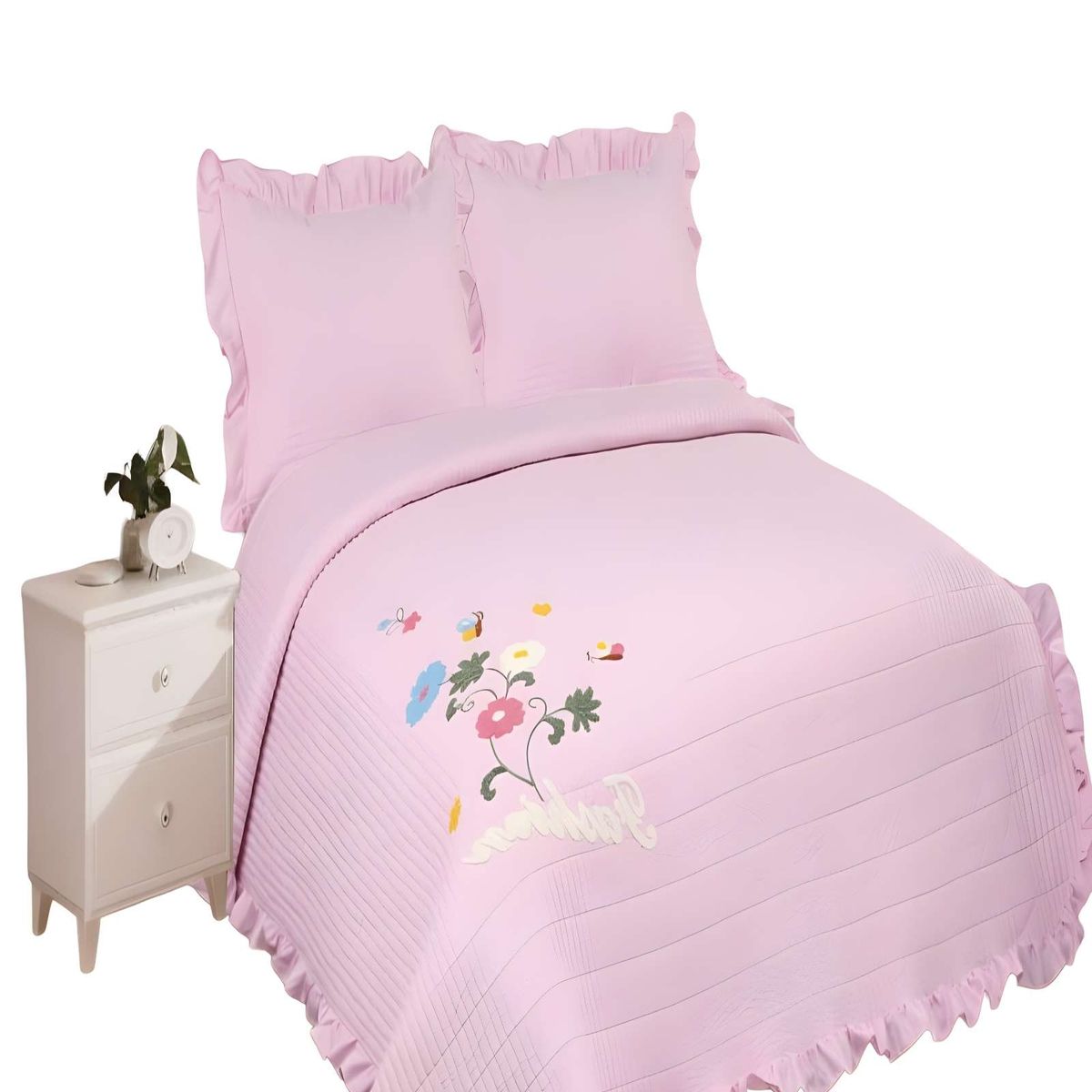 GENERICO - CUBRECAMA QUILT DE VERANO CON FLORES BORDADAS 2 PLAZAS ROSA O