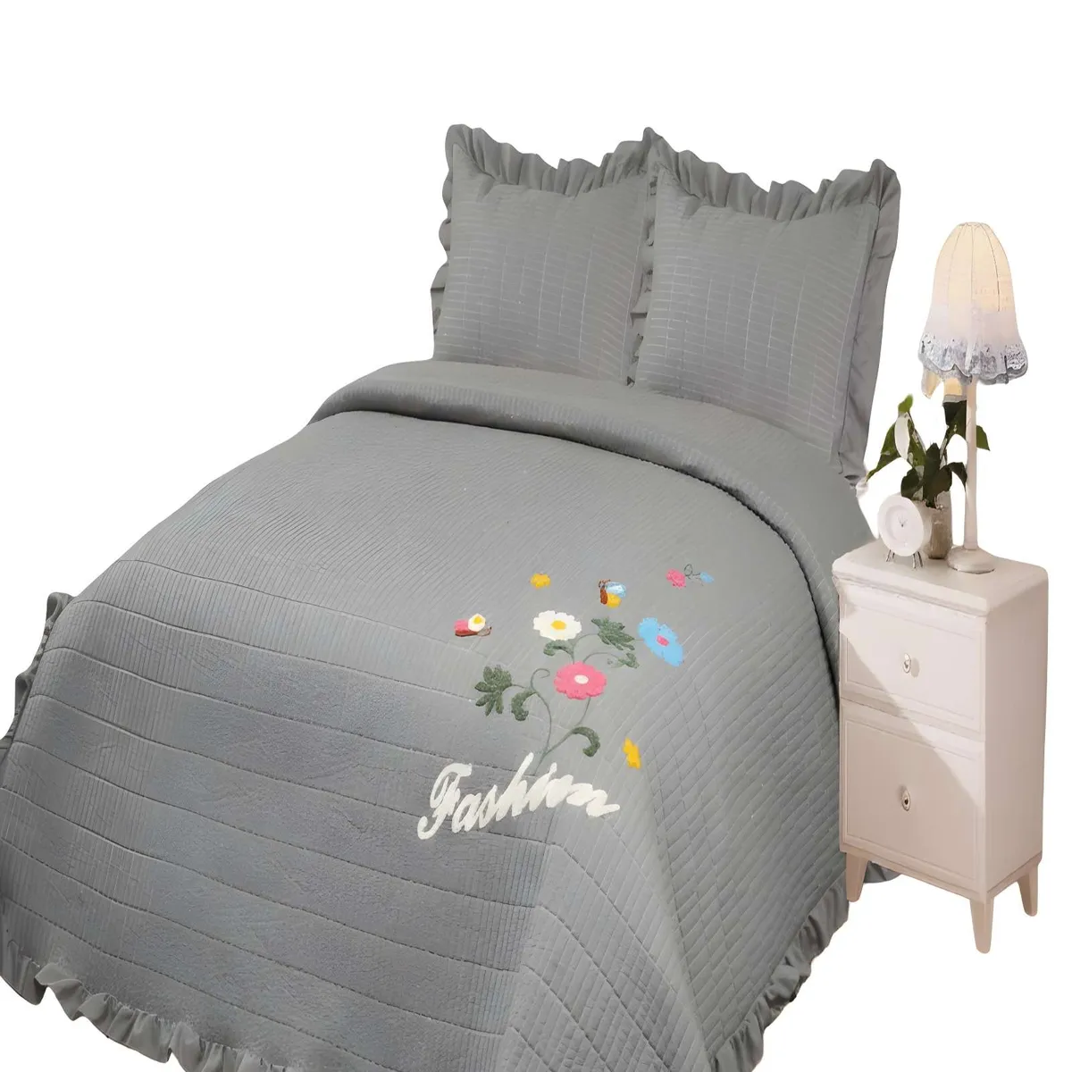 GENERICO - CUBRECAMA QUILT DE VERANO CON FLORES BORDADAS 2 PLAZAS GRIS