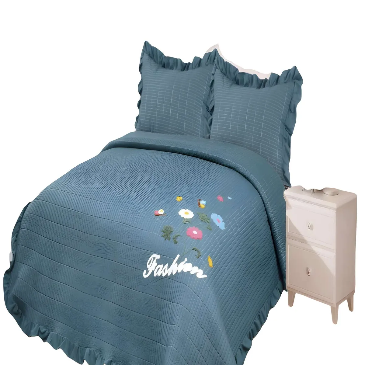 GENERICO - CUBRECAMA QUILT DE VERANO CON FLORES BORDADAS 2 PLAZAS GRIS O