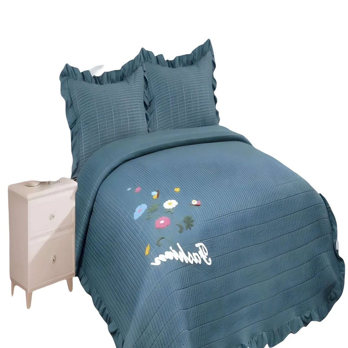 GENERICO - CUBRECAMA QUILT DE VERANO CON FLORES BORDADAS 2 PLAZAS GRIS O