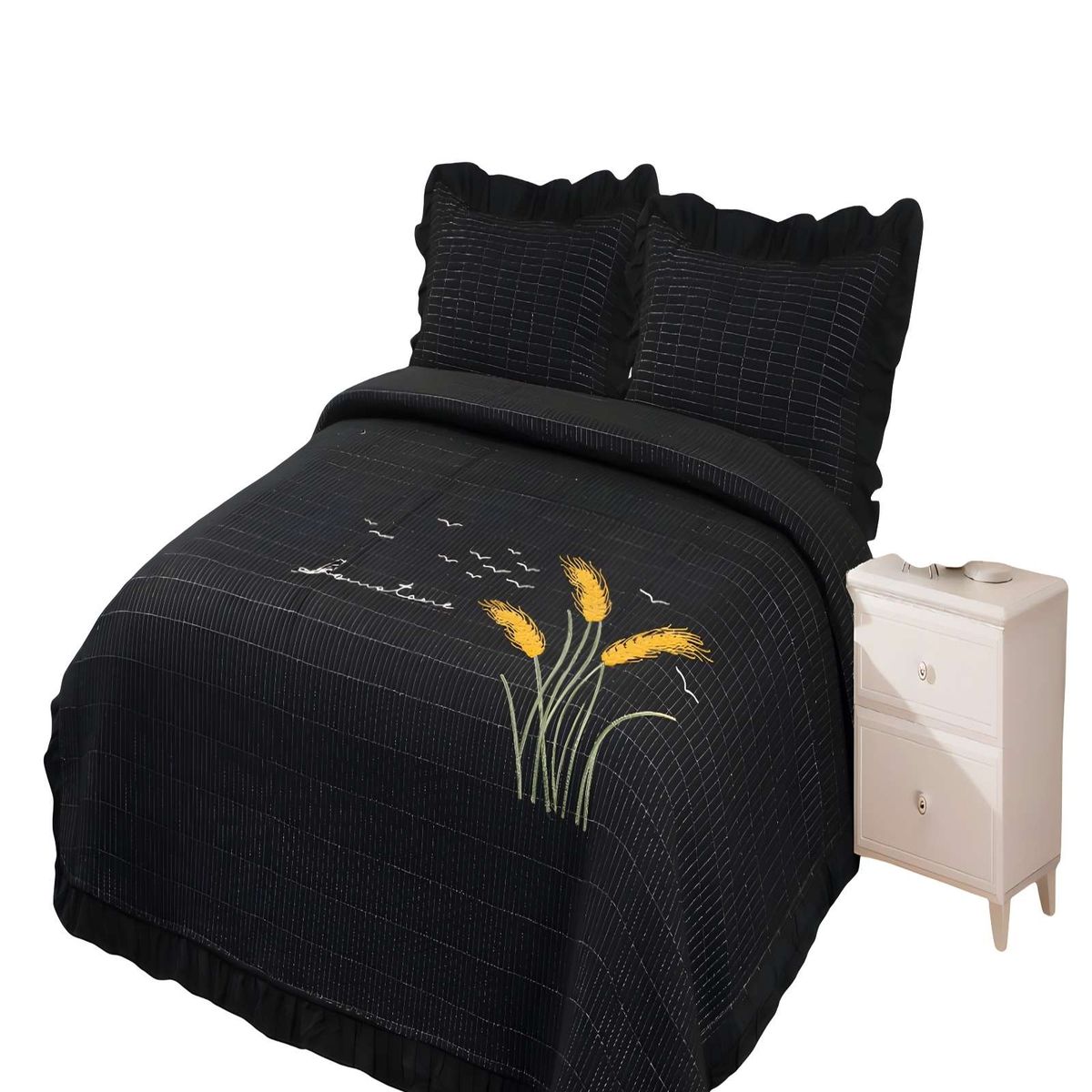GENERICO - CUBRECAMA QUILT DE VERANO CON FLORES BORDADAS 2 PLAZAS NEGRO 2_.